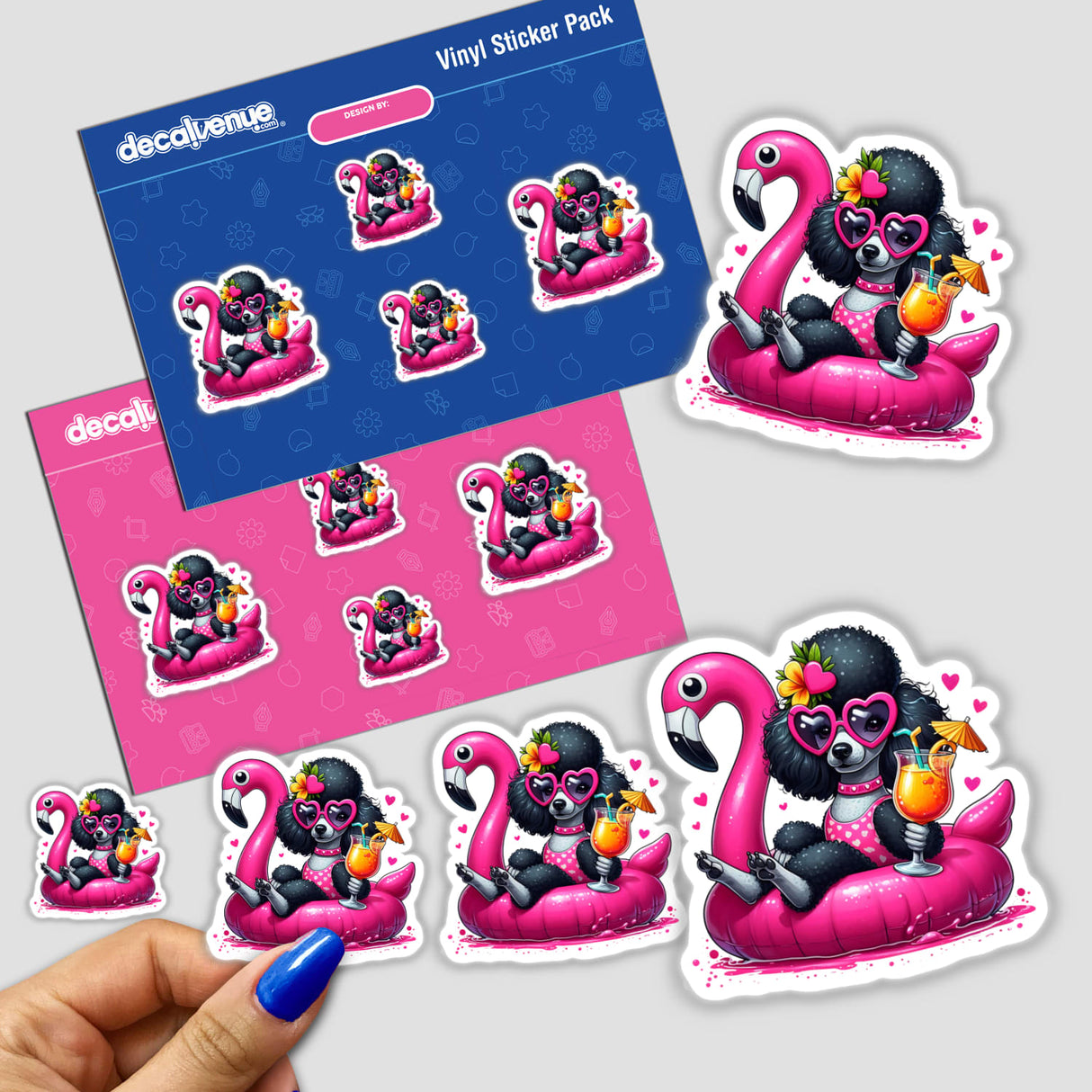 Summer Black Poodle Sitting in Flamingo Float depicted as a whimsical illustration, available as stickers or digital artwork, showcasing a playful and unique design from Decal Venue's collection.