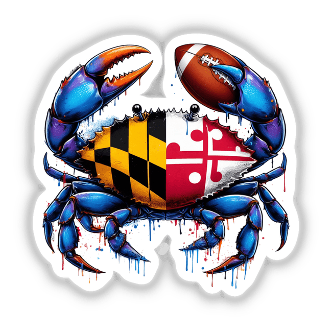 Maryland Football Splatter Blue Crab sticker or digital artwork, featuring a cartoon crab holding a football and a flag, embodying quirky and unique design elements.