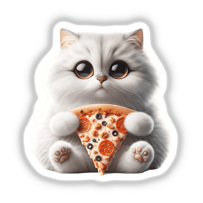 Fluffy White Kitten with Pizza Slice