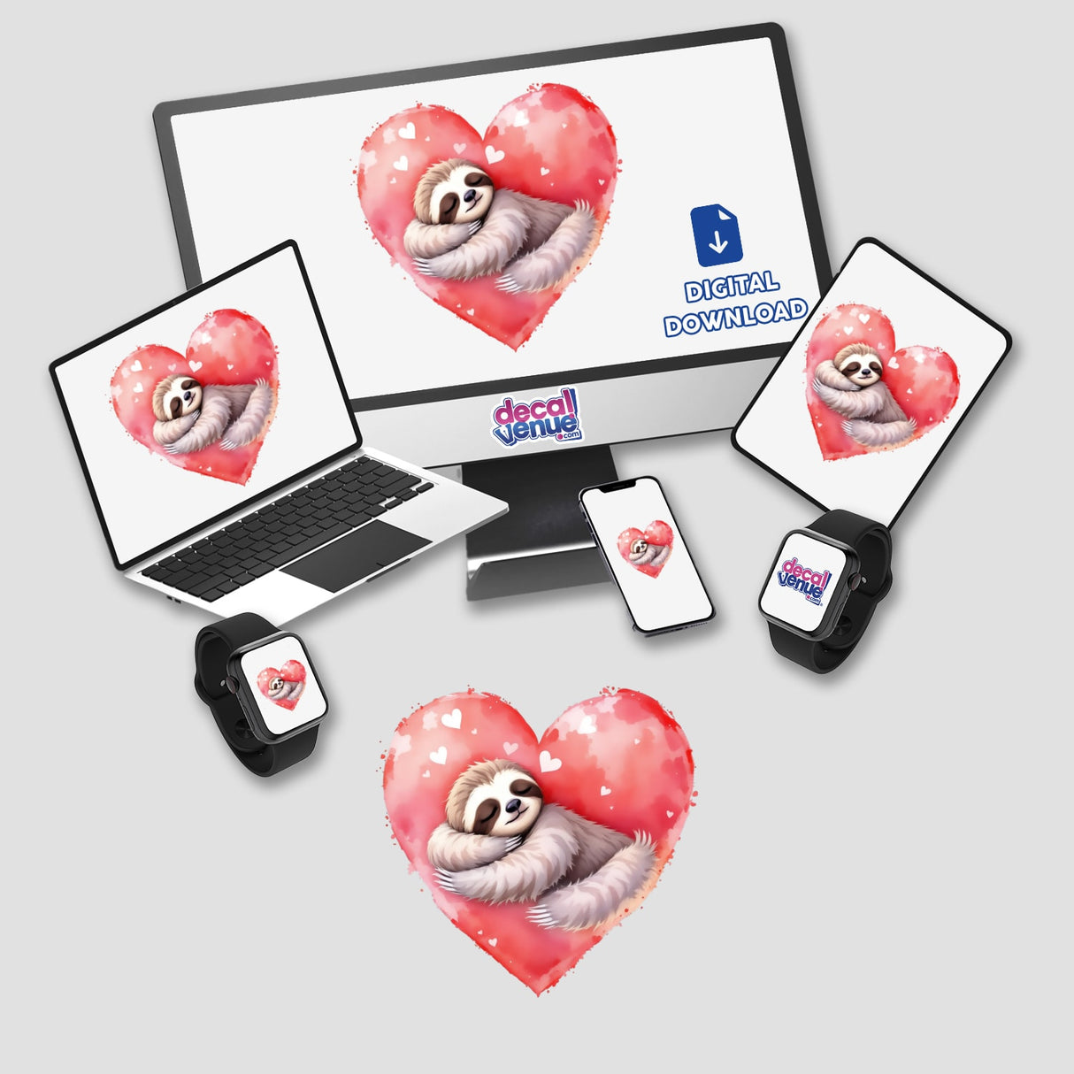 Watercolor Sleeping Sloth on a Heart displayed on a computer monitor and laptop, highlighting Decal Venue's unique vinyl sticker and digital art offerings.