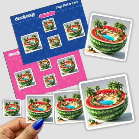 Sticker pack titled Mystic Sands Desert Oasis Inside a Watermelon, features hand-held stickers of watermelons with palm trees, pools, and sand, available as physical stickers or digital artwork.