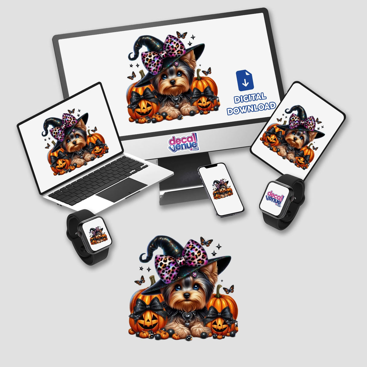 Adorable Halloween Yorkie with leopard print and black bows, surrounded by pumpkins, digital artwork for sale on Decal Venue's Shopify store.