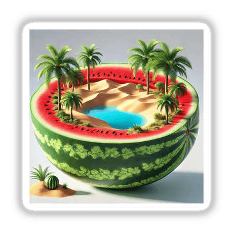 Mystic Sands Desert Oasis Inside a Watermelon: A halved watermelon revealing a mini desert oasis with palm trees and a pool, available as stickers or digital artwork.