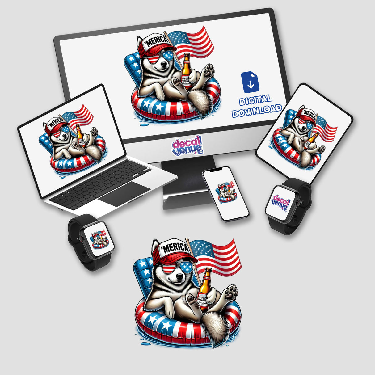 Patriotic Siberian Husky digital artwork with American flag, float and fireworks displayed on various digital devices including a laptop, smartphone, and smartwatch. The product is available as a digital download from the Decal Venue store, which specializes in unique stickers and digital art.