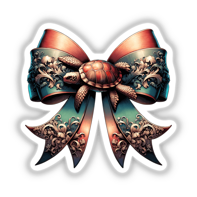 Turtle Coquette Bow: A detailed illustration of a turtle adorned with a floral-designed bow, available as stickers or digital artwork.