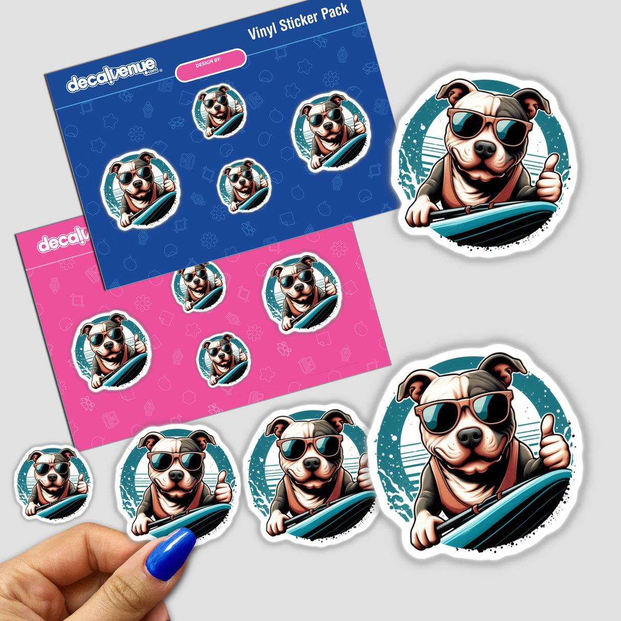 Retro Surfing Thumbs Up Pitbull sticker featuring a cartoon dog in sunglasses holding a surfboard, available as vinyl stickers or digital artwork.