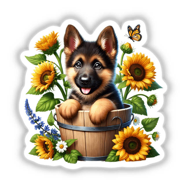 German Shepherd Dog Peeking Out of Flower Pot