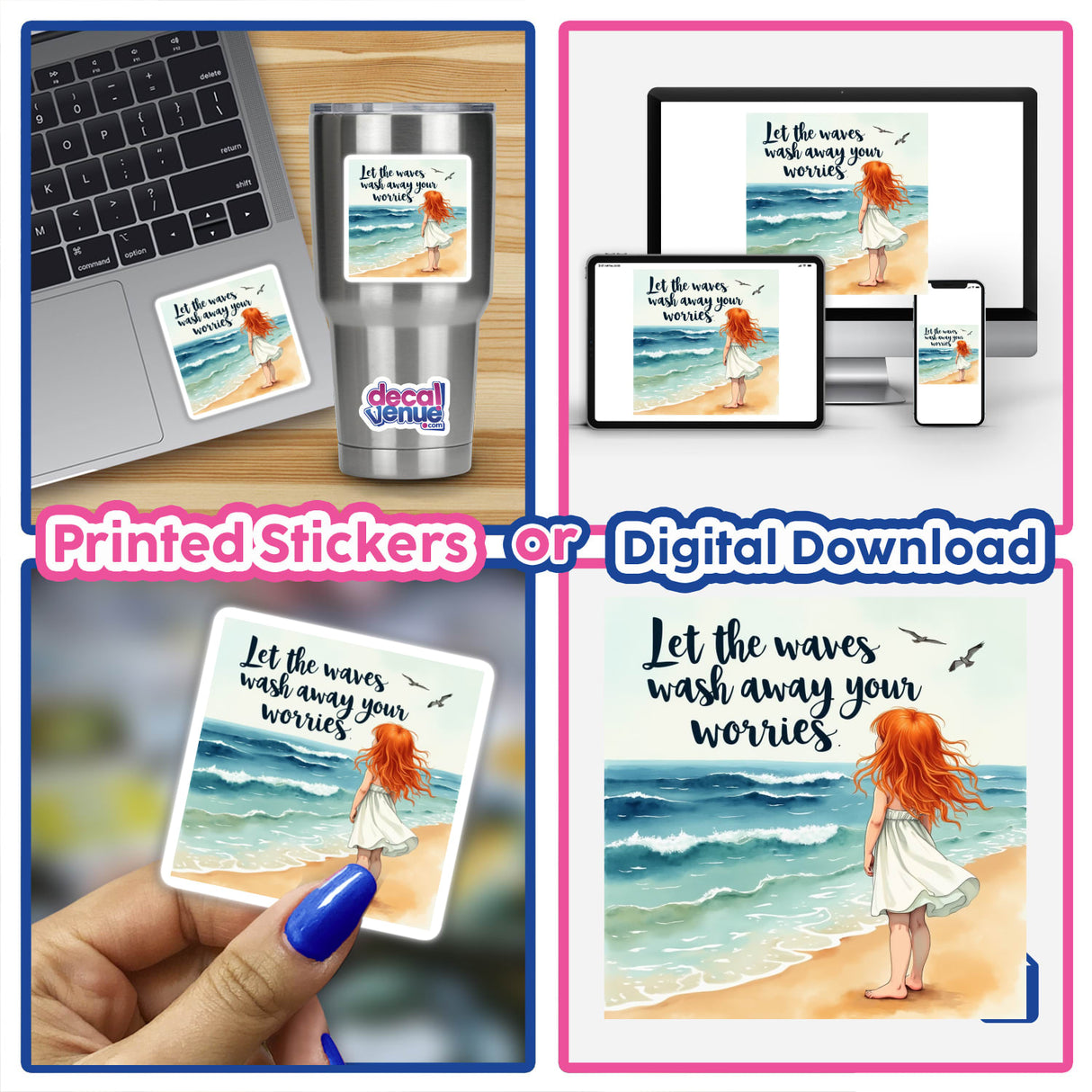 Collage featuring a laptop and phone displaying the digital artwork Young Girl on a Beach – Let the waves wash away your worries, available as stickers or digital art from Decal Venue.