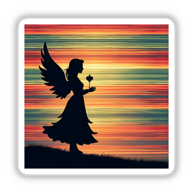 Angel Silhouette with Colorful Horizontal Stripes: A silhouette of a winged woman holding a flower, available as stickers or digital artwork from Decal Venue.