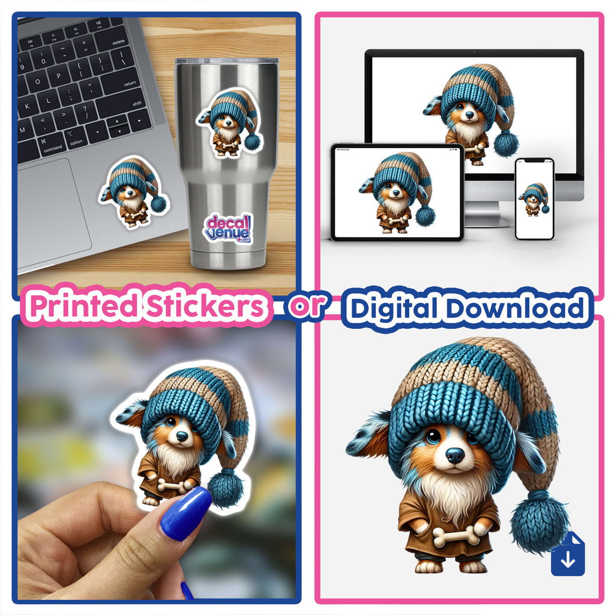 Cartoon collage featuring the Australian Shepherd Gnome wearing a knit hat, holding a dog bone, available as stickers or digital artwork at Decal Venue.