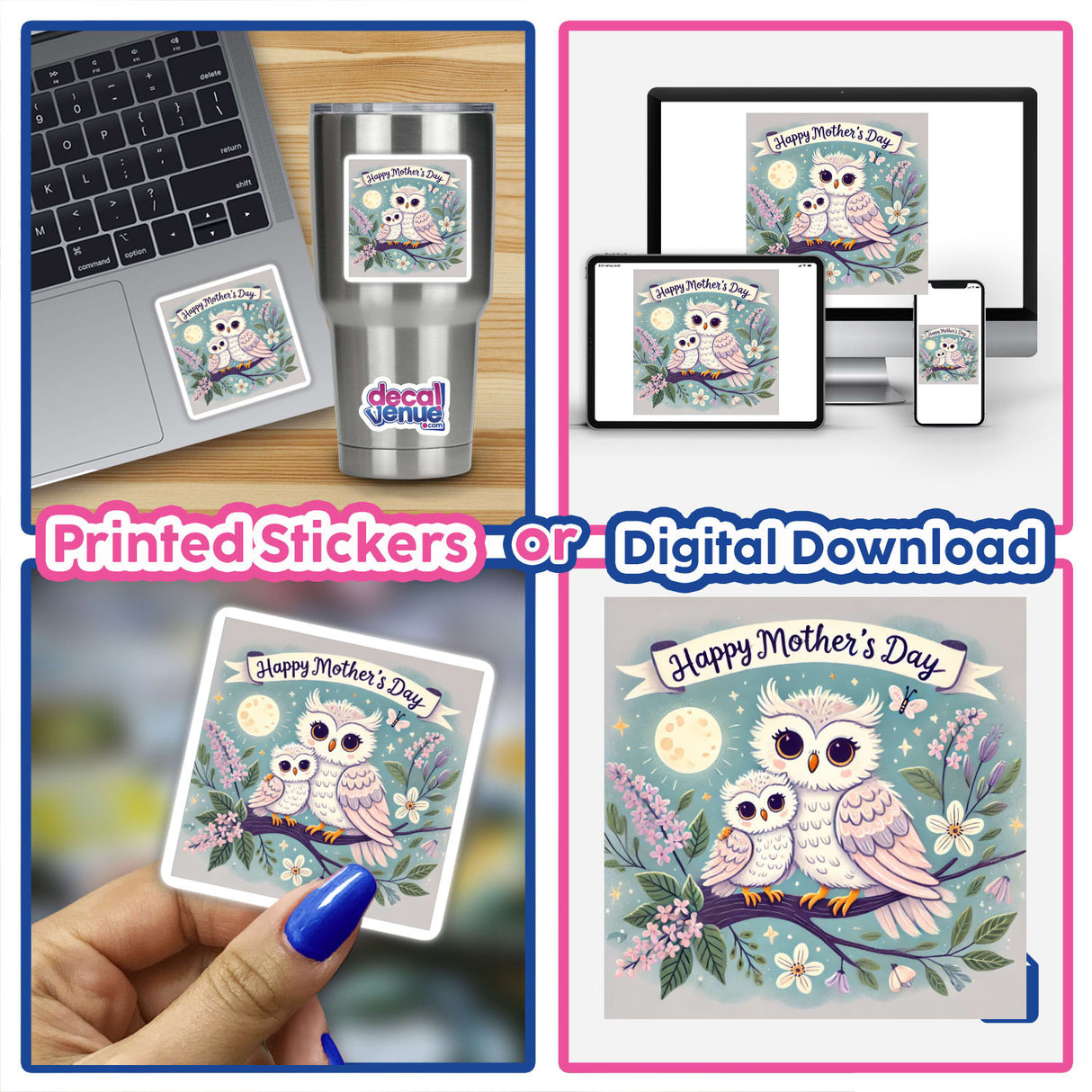 Happy Mother's Day Owl Illustration on a Branch features charming owl artwork, available as stickers or digital art. Displayed on various items, emphasizing its versatility for creative applications.