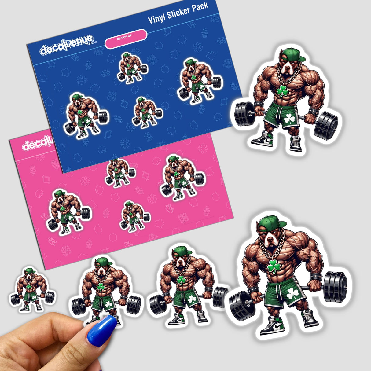 Irish Pitbull Muscular Hip Hop Workout Dog sticker features a cartoon of a muscular dog lifting weights, capturing the essence of unique vinyl stickers available from Decal Venue.