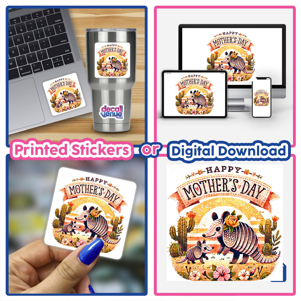 Happy Mother's Day Armadillo With Cactus And Flowers: a sticker or digital artwork featuring a cartoon armadillo with a cactus and flowers, ideal for unique vinyl creations from Decal Venue.