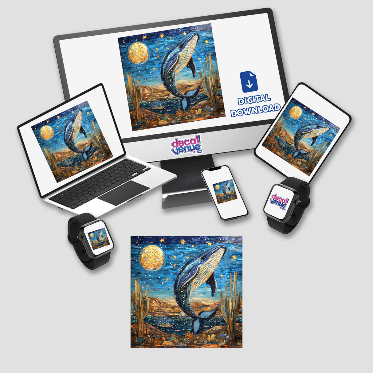 Celestial Whale and Desert Landscape Mosaic displayed on various electronic devices, including a computer monitor, laptop, cellphone, and smartwatch. Available as stickers or digital artwork.