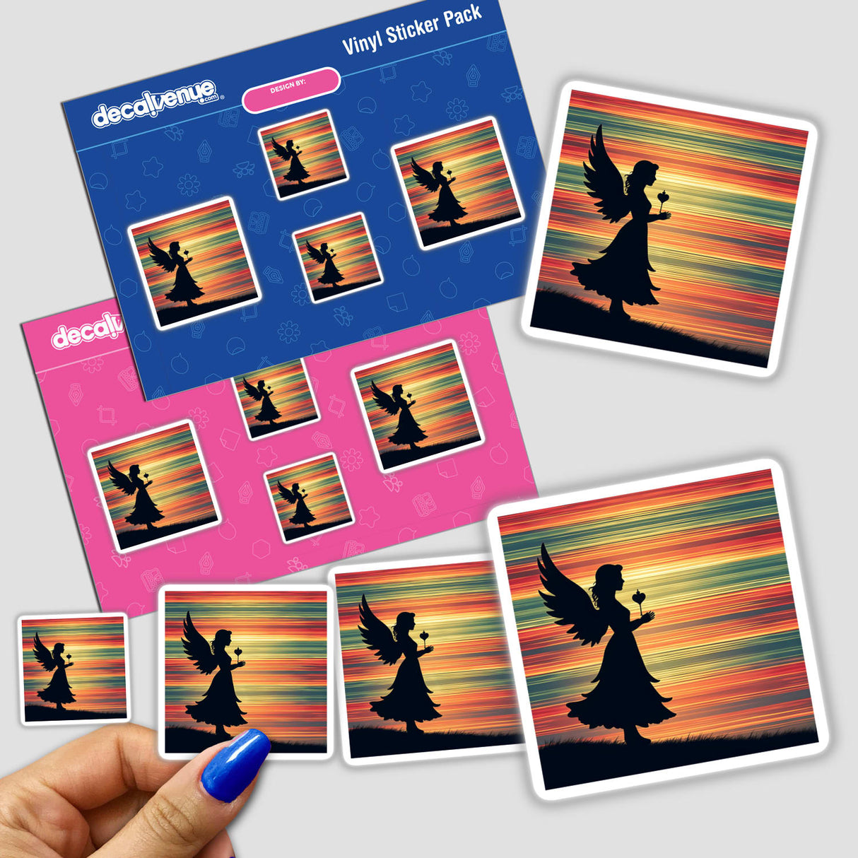Angel Silhouette with Colorful Horizontal Stripes: Sticker featuring various angel silhouettes, including women holding flowers and hearts, and winged figures. Suitable for decor or digital artwork.