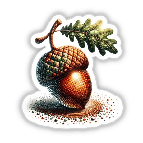 Unique Acorn and Leaf Mosaic Design showcasing a detailed acorn with an intricate leaf, available as stickers or digital artwork from Decal Venue.