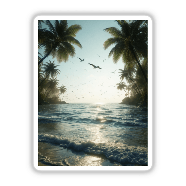 Serene Ocean Seagulls Over Tropical Shore: Birds soar above palm trees and water, captured in this vinyl sticker or digital artwork from Decal Venue, emphasizing unique tropical and marine themes.