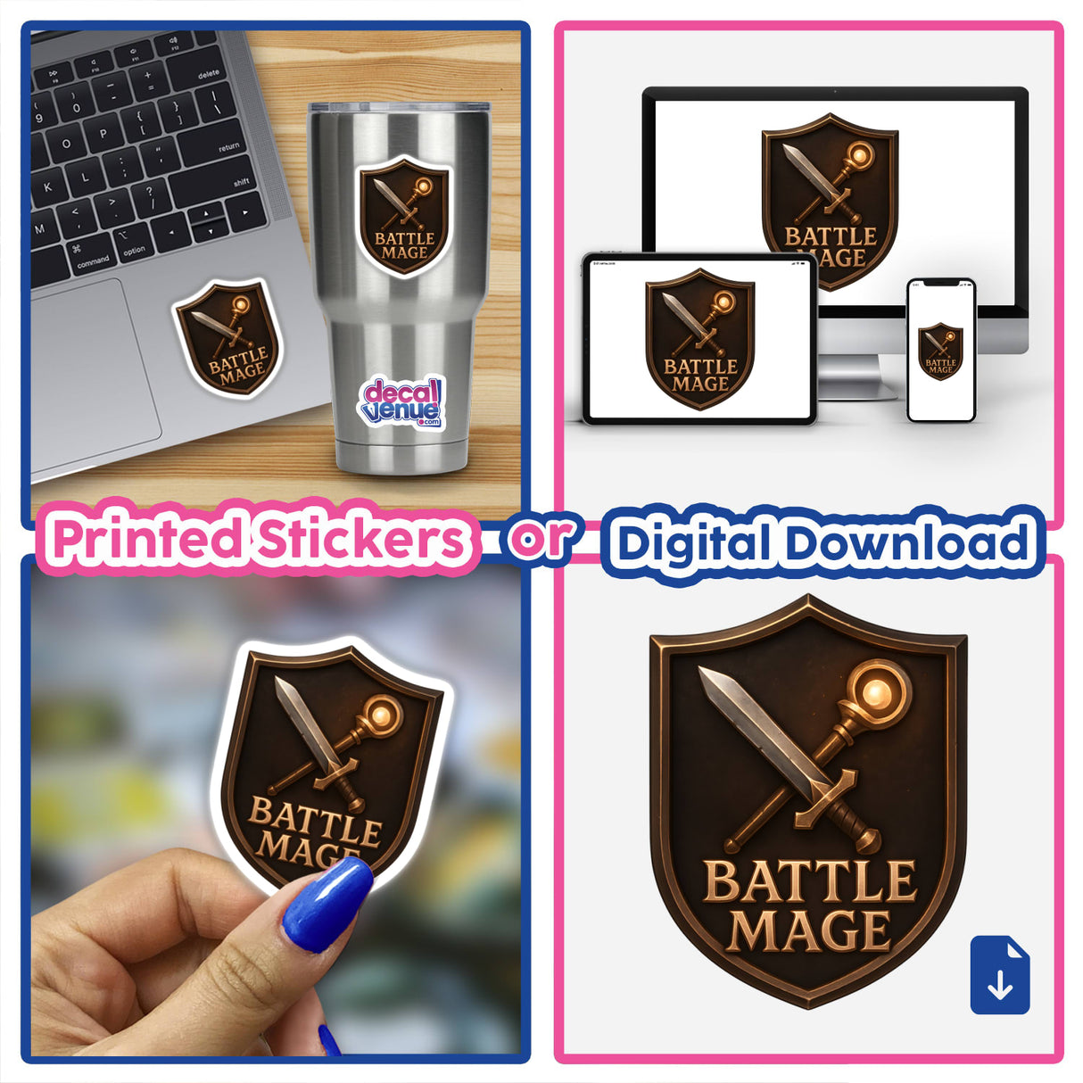 Battle Mage – RPG-Style Skill Badge (Bronze & Silver Hybrid Crest) featuring intricate emblem design, available as stickers or digital artwork, ideal for fans of unique vinyl decals and fantasy themes.