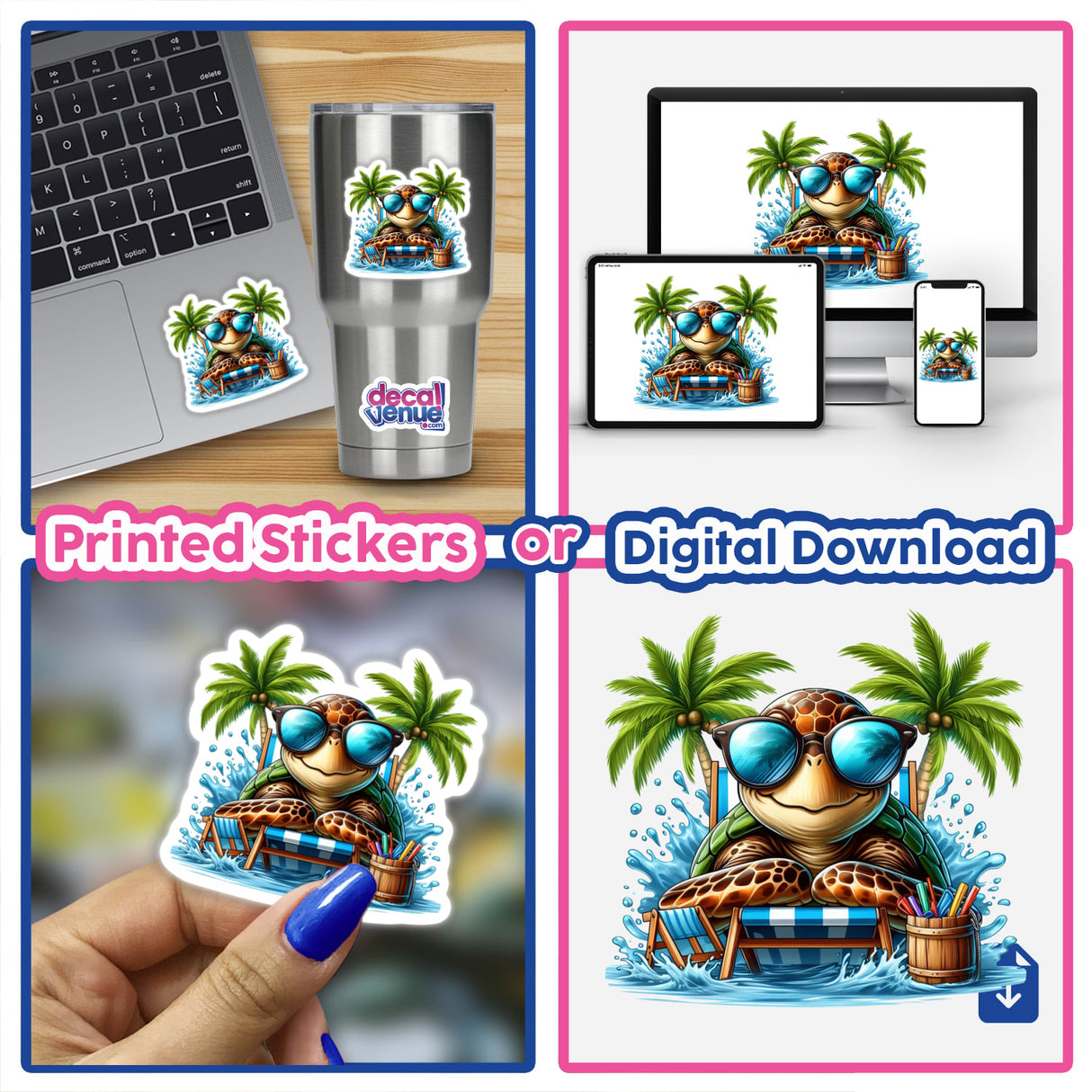Sunbathing Tropical Sea Turtle on a laptop and mug, featuring a cartoon turtle in sunglasses on a beach chair, available as stickers or digital artwork from Decal Venue.