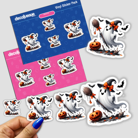Cute Witch Ghost with Broom sticker pack featuring a cartoon ghost holding a broom surrounded by pumpkins. Available as stickers or digital artwork.