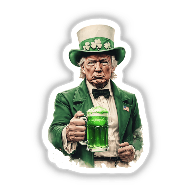 Leprechaun Trump Holding Green Beer: A man in a green suit and hat holds a mug of green liquid, showcasing vibrant, unique digital artwork. Available as stickers or digital prints from Decal Venue.