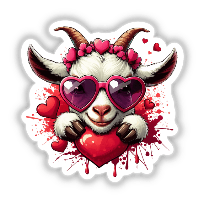Peeking Goat Heart Splash: A cartoon goat peeks playfully, adorned with heart-shaped sunglasses and a wreath of hearts, available as unique stickers or digital artwork from Decal Venue.