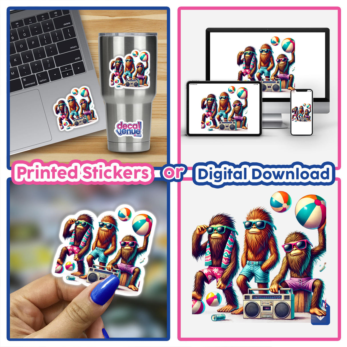 Colorful digital artwork featuring a group of fun, mischievous sasquatch characters at a beach party. The artwork is showcased on various digital devices and products, including a laptop, phone, and sticker. The vivid illustration depicts the playful, summer-themed Sasquatch Summer Beach Party design.