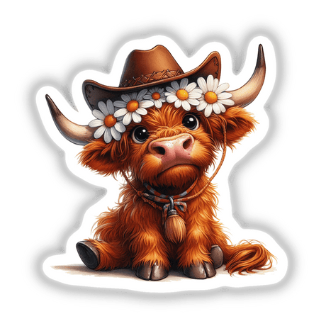 Sitting Highland Cow w/ Cowboy Hat