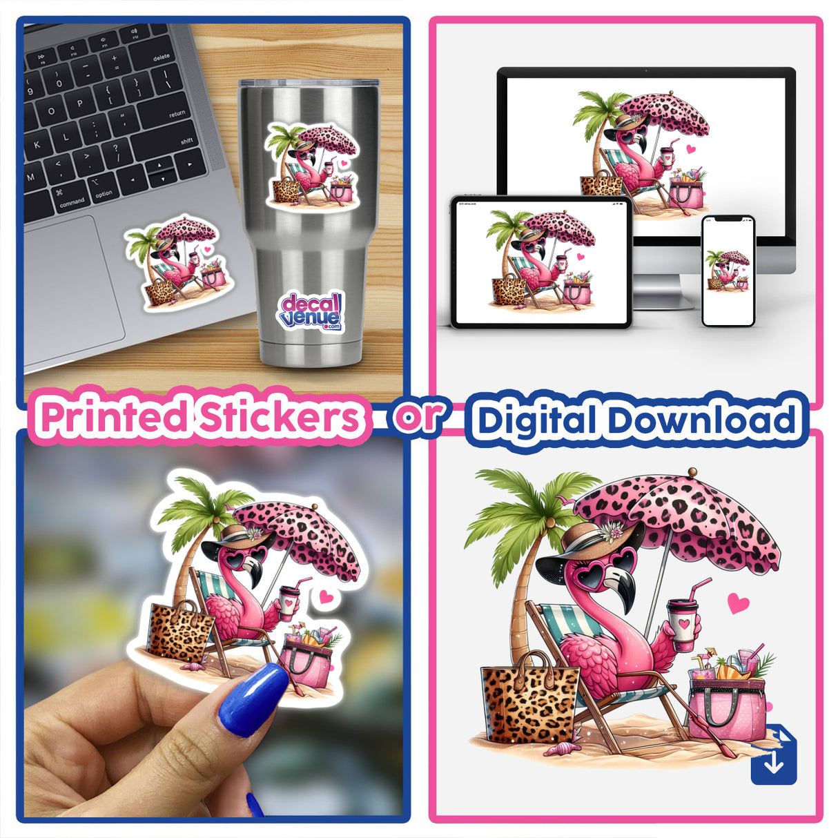 Sassy Flamingo Sitting Under Pink Leopard Beach Umbrella sticker, featuring a cartoon flamingo lounging in a beach chair, perfect for laptops or digital artwork, available at Decal Venue.