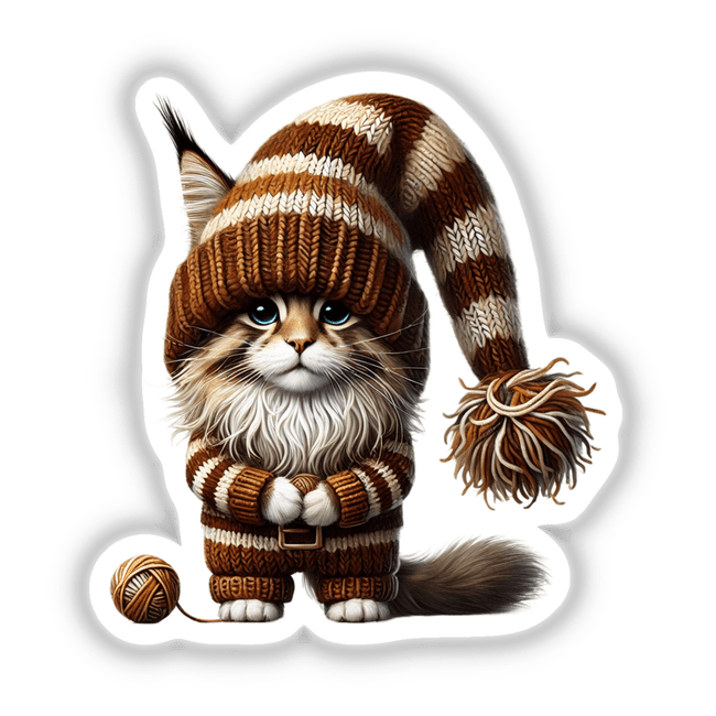 Maine Coone Cat Gnome with Ball of Yarn: A whimsical sticker or digital artwork of a cat wearing a knit hat and sweater, holding a ball of yarn.
