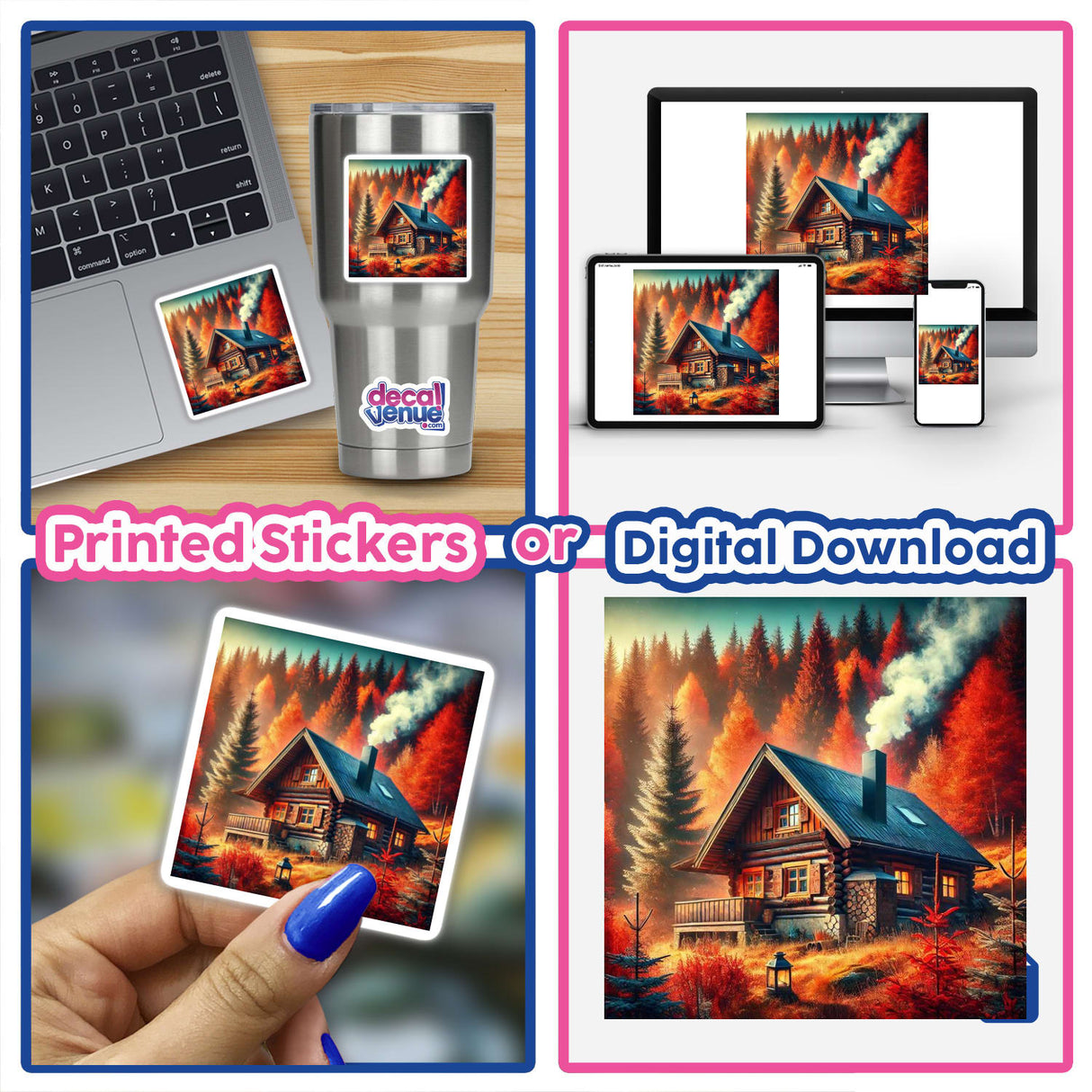 Collage showcasing 'Crisp Air - A Cozy Cabin with a Smoking Chimney' as stickers or digital artwork, featuring a laptop with the cabin image and a close-up of a finger painting.