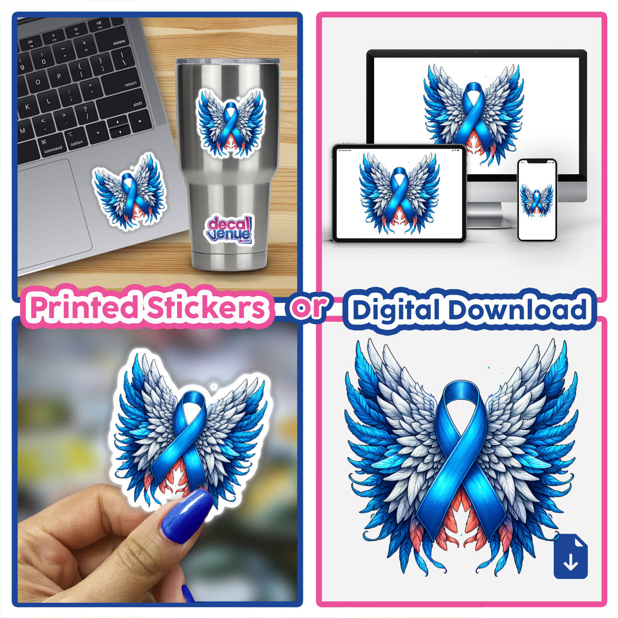 Collage featuring the Blue Awareness Ribbon with Wings, available as stickers or digital artwork. The images showcase the design on laptops and held as stickers, emphasizing its versatility.