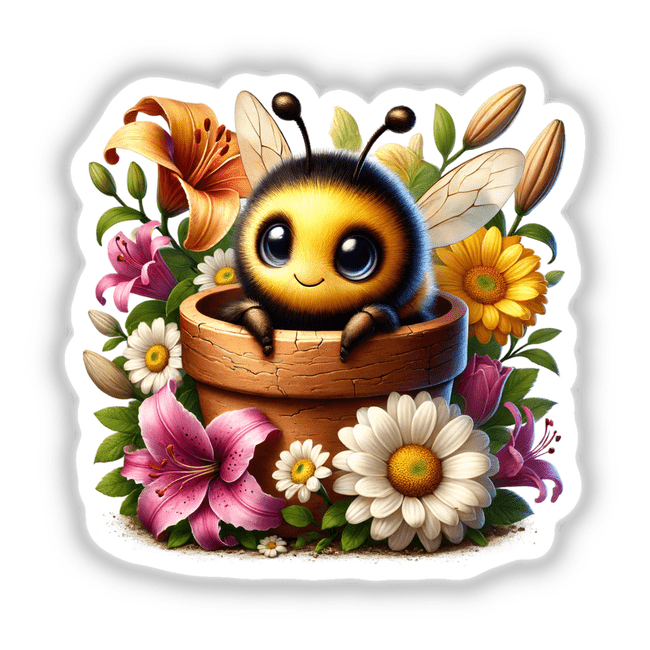 Adorable bumblebee peeking out of wooden flower pot, surrounded by vibrant floral blooms including daisies, lilies, and sunflowers.