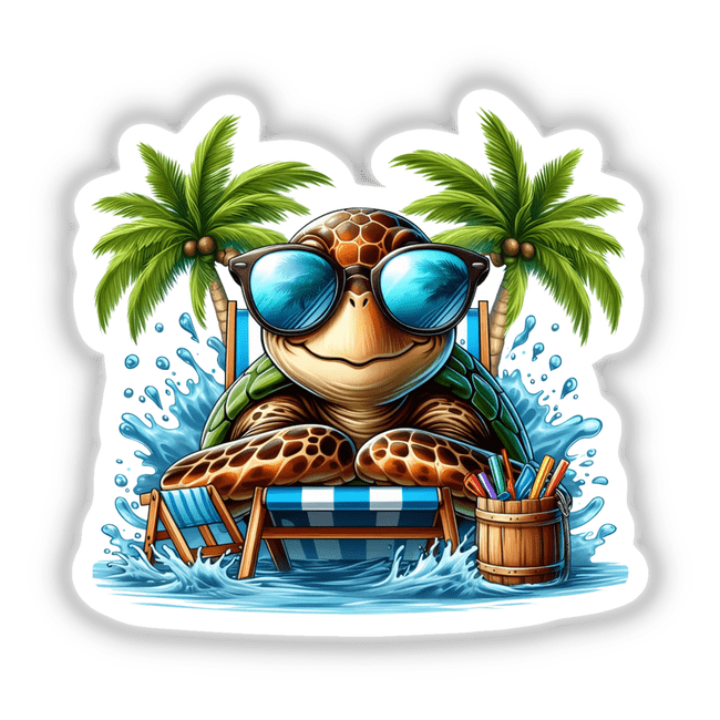 Sunbathing Tropical Sea Turtle cartoon features a turtle in sunglasses lounging on a beach chair, available as unique stickers or digital art, embodying Decal Venue's playful and artistic style.