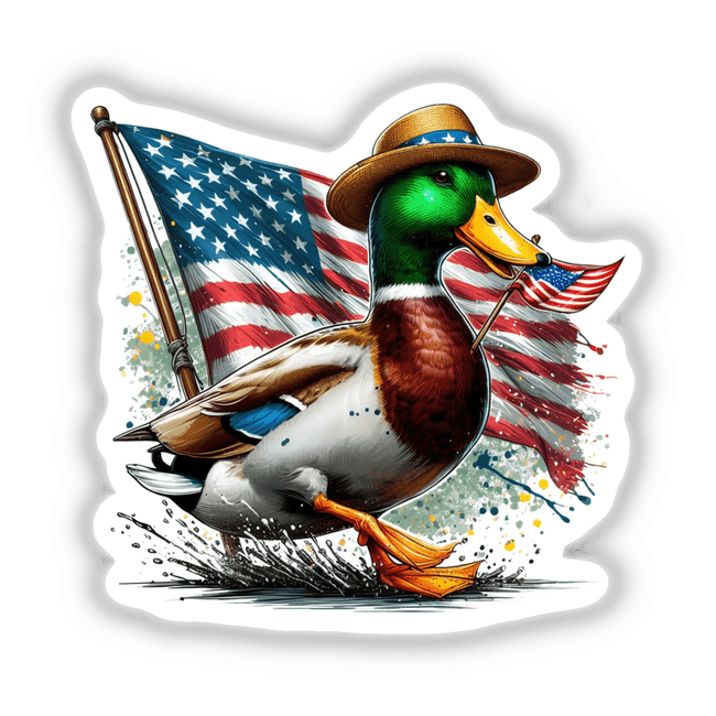 Mallard Duck American Flag Parade sticker depicts a green duck wearing a hat holding a flag, designed in a cartoon style, available as vinyl stickers or digital artwork from Decal Venue.