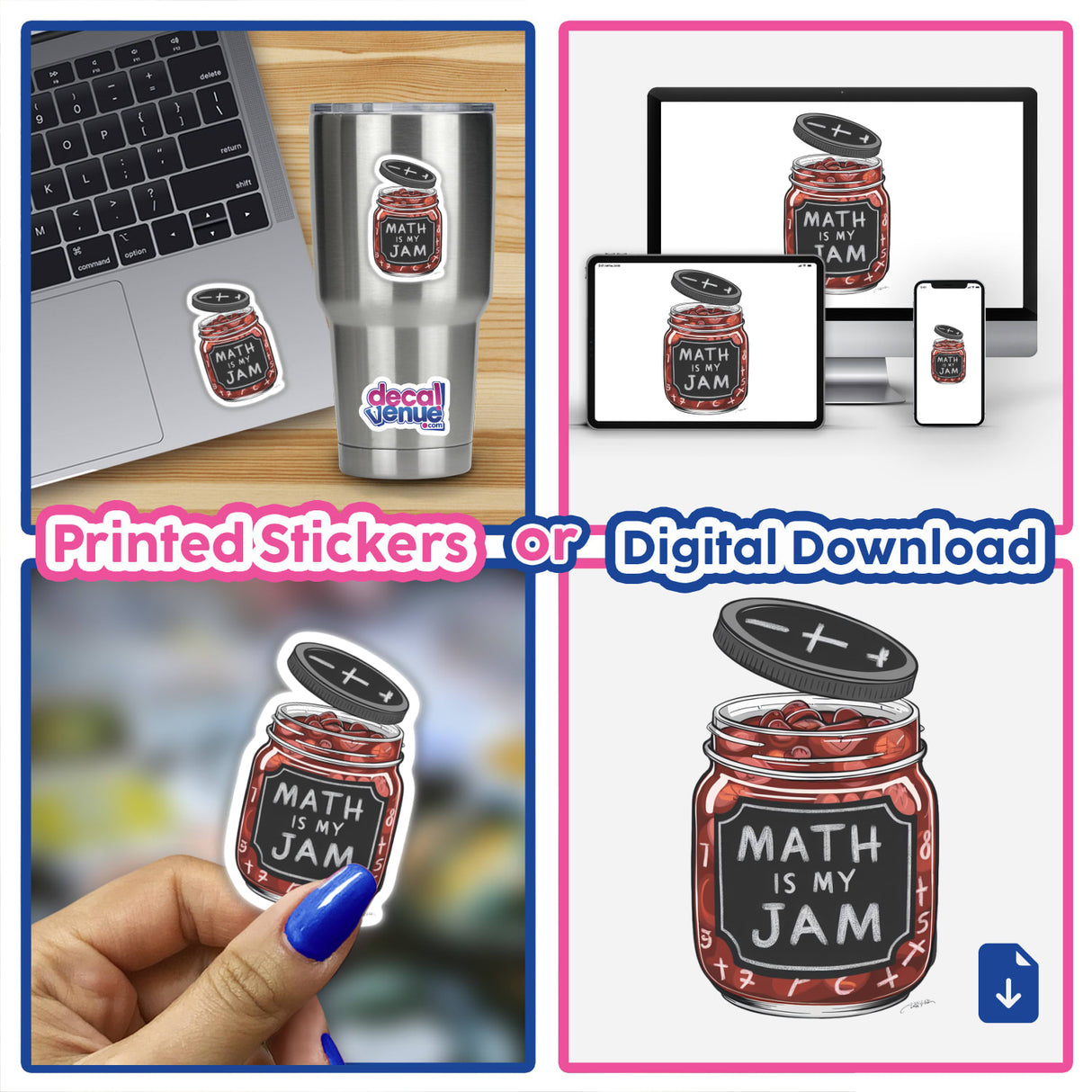 Math Is My Jam - Printed stickers or digital download artwork featuring a playful jam jar design with the text "Math Is My Jam". The image shows the product in various digital and physical formats, including a laptop, mobile devices, and a water bottle.