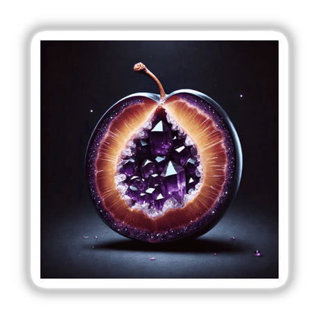 Crystal Caverns Geode Inside a Plum sticker or digital artwork featuring a halved plum with intricate crystal formations inside, showcasing unique and vibrant still-life photography.