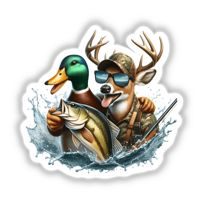 Duck Deer and Fish Hunting Buddies: A cartoon of a duck and deer wearing sunglasses, holding a fish. Available as unique stickers or digital artwork from Decal Venue.