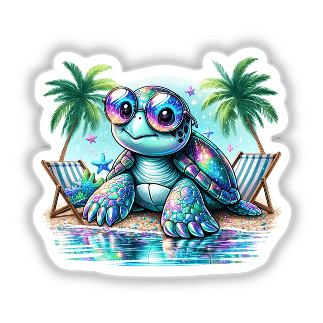 Reflecting Holographic Color Beach Sea Turtle cartoon, featuring a turtle with sunglasses on a beach, available as stickers or digital artwork from Decal Venue.