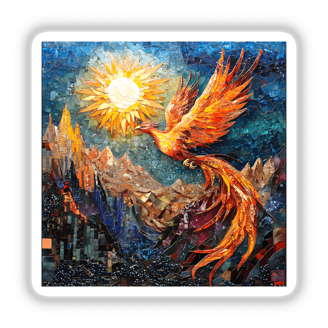 Phoenix Soaring Over Mountains Mosaic available as stickers or digital artwork, depicting a bird flying over mountains with the sun in the background. Perfect for unique art enthusiasts.