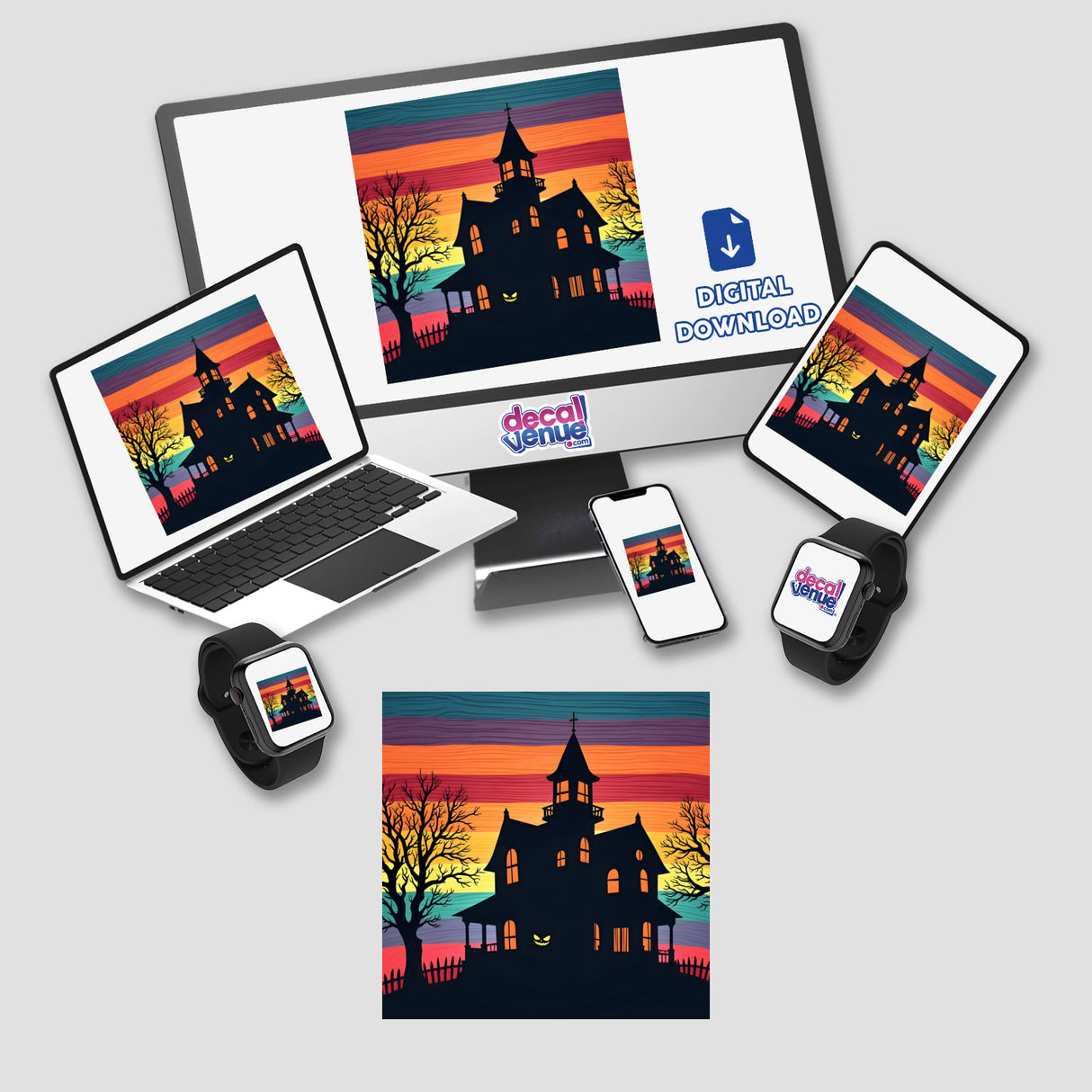 Haunted House Silhouette with Vibrant Stripes displayed on a computer monitor, laptop, tablet, phone, and smart watch. Available as stickers or digital artwork from Decal Venue.