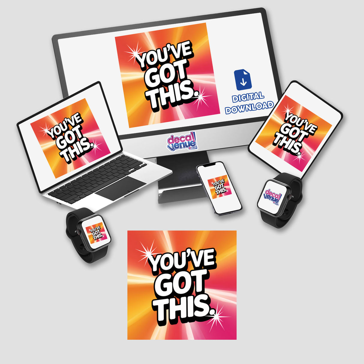You’ve got this sticker featuring a computer monitor, laptop, and phone. Perfect for decorating electronics or as digital artwork, emphasizing motivation and tech-inspired design from Decal Venue.