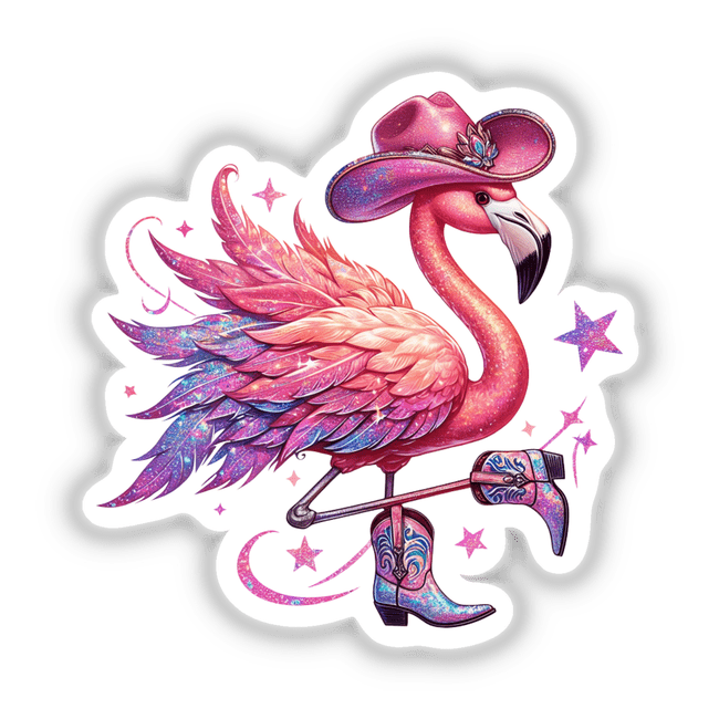 Two Stepping Country Cowboy Flamingo depicted as either a sticker or digital artwork, showcasing a whimsical flamingo dressed as a cowboy, reflecting Decal Venue's unique vinyl sticker and digital art offerings.