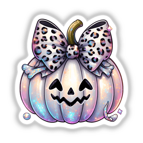 Whimsical digital artwork of a pumpkin with a leopard-print bow and iridescent colors