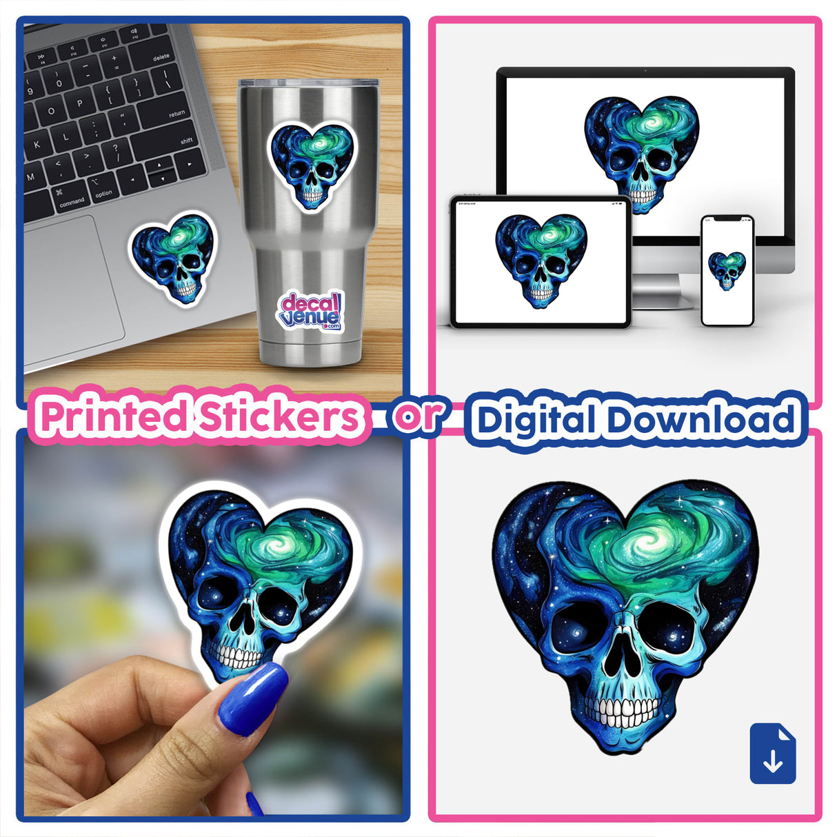 a set of three pictures of a skull with a heart on it