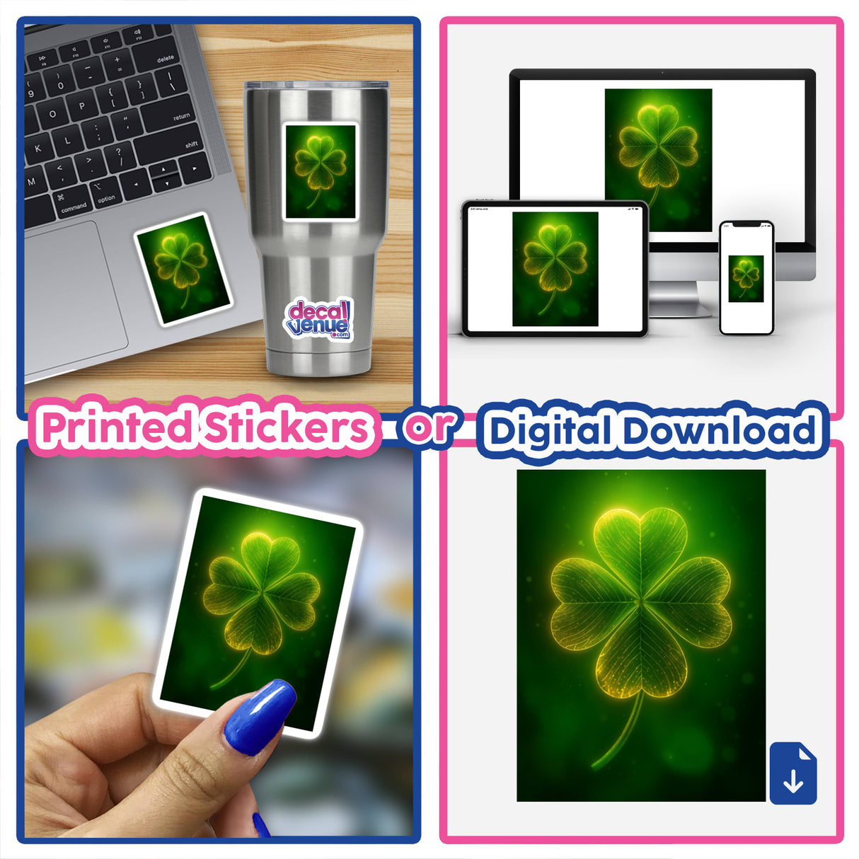 Glowing Four-Leaf Clover – Radiant Green Shamrock with Golden Highlights featured as a sticker or digital artwork, showcasing a vibrant clover theme, perfect for tech gadgets and personal accessories.