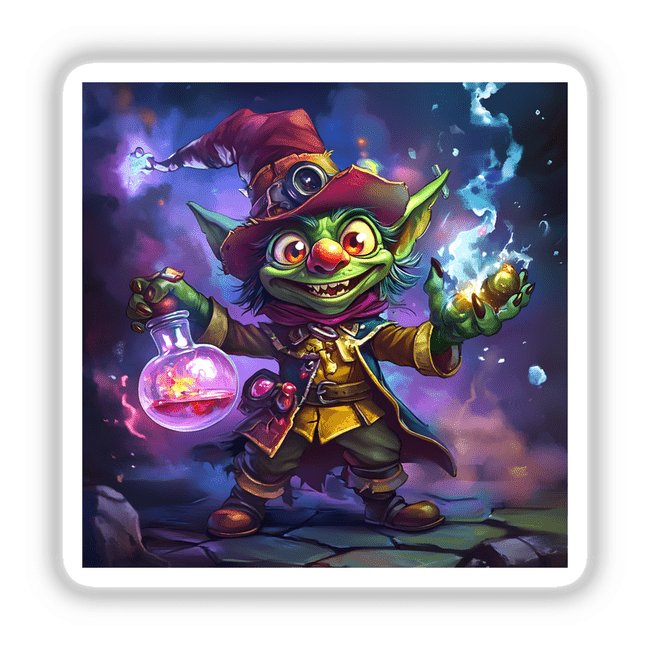 Whimsical Goblin Alchemist holding a magic flask, available as stickers or digital artwork from Decal Venue.