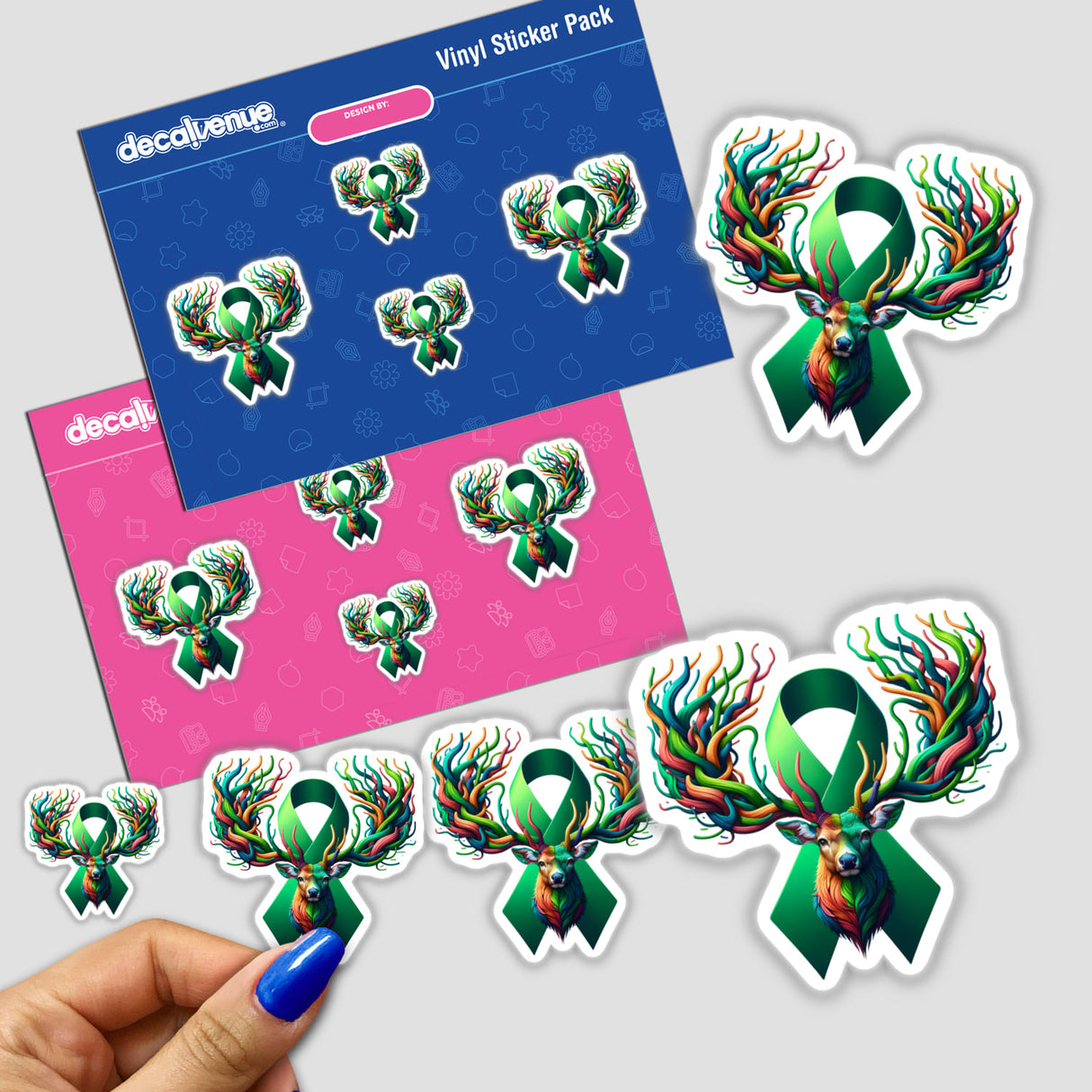 Sticker featuring a deer head with colorful antlers, adorned with a blue and green ribbon, symbolizing Deer Green Ribbon Liver Cancer Awareness. Available as part of Decal Venue's unique vinyl sticker collection.