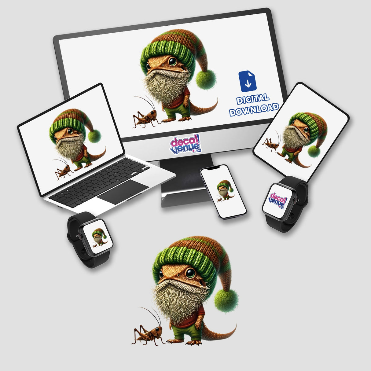 Bearded Dragon with Cricket stickers or digital artwork displayed on a computer monitor, laptop, and smartwatch, featuring a cartoon bearded dragon and cricket.