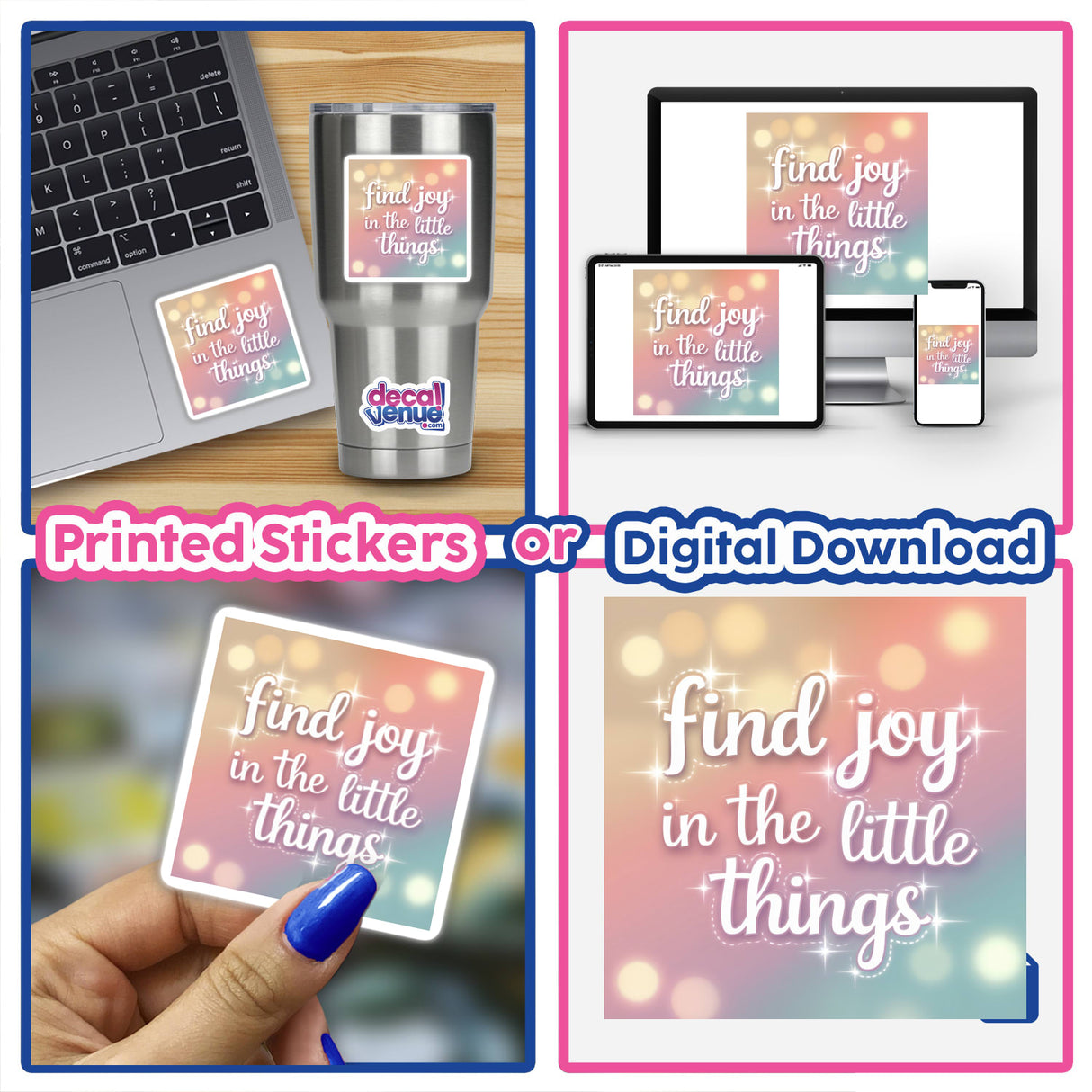 Collage featuring laptops adorned with Find joy in the little things stickers and digital artwork, highlighting the unique offerings from Decal Venue.
